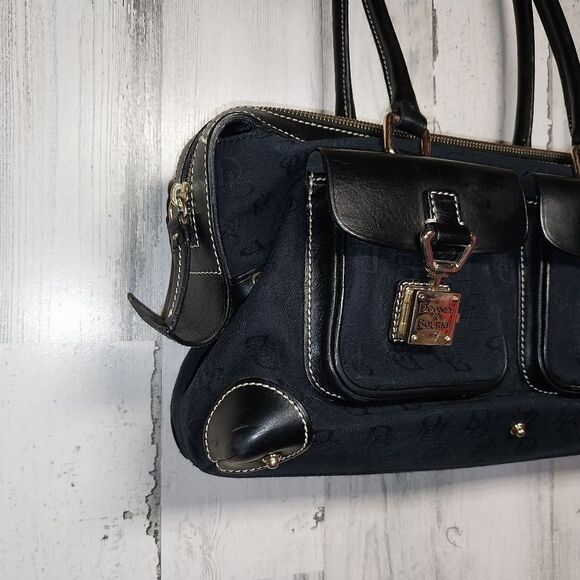 Dooney & Burke Black Signature Logo Satchel Leather and Canvas. - Picture 2 of 12